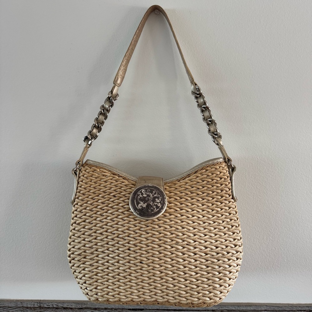 Brighton Jani Straw Patent Leather Chain Shoulderbag Magnetic Medallion Clasp